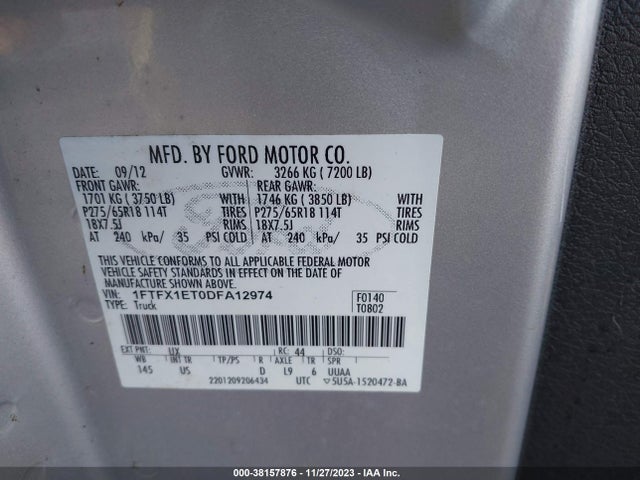 2013 FORD F-150 XLT VIN: 1FTFX1ET0DFA12974