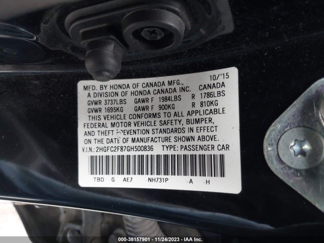 2016 HONDA CIVIC EX VIN: 2HGFC2F87GH500836
