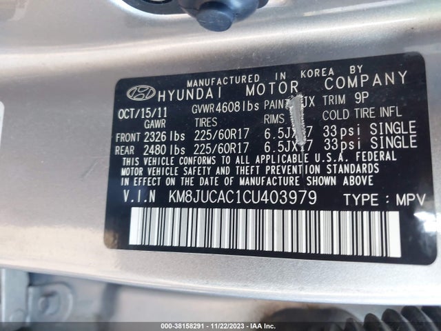 2012 HYUNDAI TUCSON GLS VIN: KM8JUCAC1CU403979
