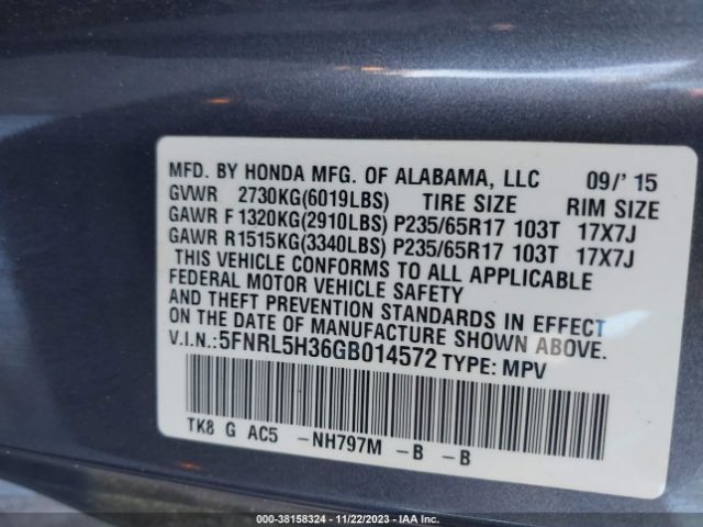 5FNRL5H36GB014572 Honda ODYSSEY SE