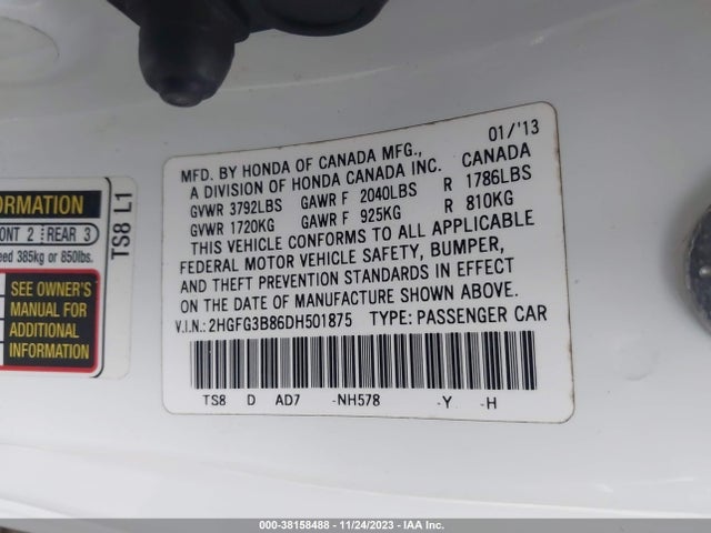2013 HONDA CIVIC EX VIN: 2HGFG3B86DH501875