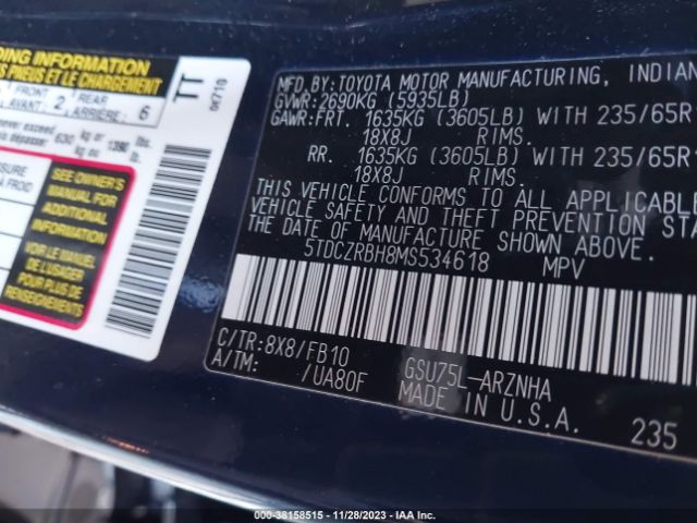 5TDCZRBH8MS534618 Toyota Highlander L