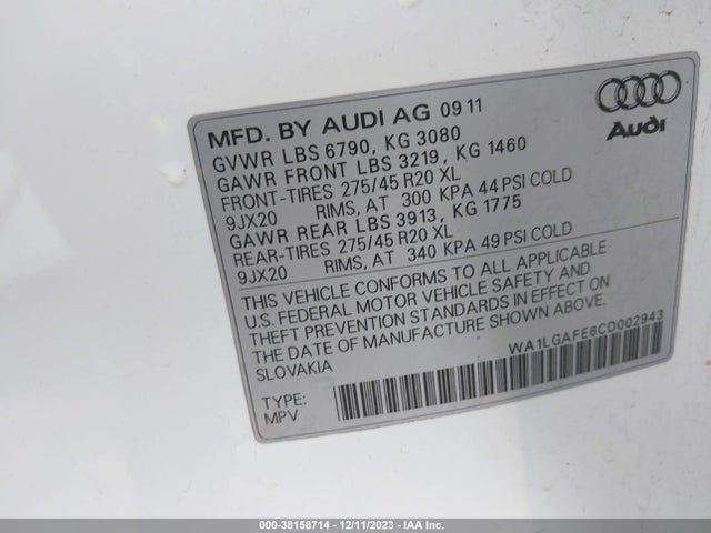 2012 AUDI Q7 3.0T PREMIUM VIN: WA1LGAFE6CD002943