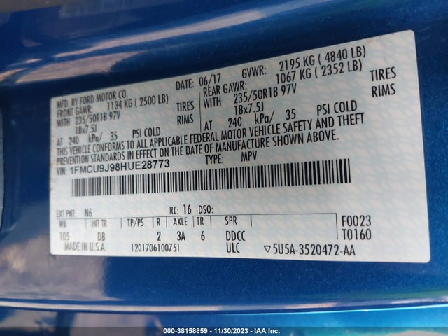 2017 FORD ESCAPE TITANIUM VIN: 1FMCU9J98HUE28773