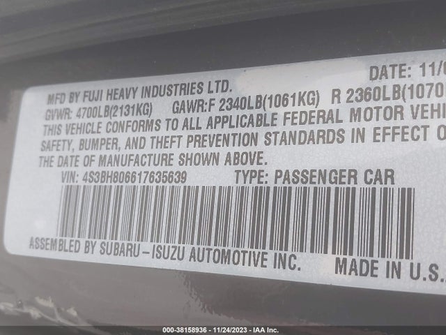 2001 SUBARU LEGACY OUTBACK H6 L.L. BEAN EDITION VIN: 4S3BH806617635639