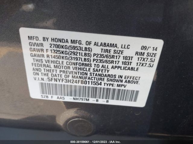 5FNYF3H24FB011554 Honda PILOT LX