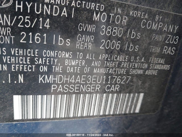 2014 HYUNDAI ELANTRA SE (ULSAN PLANT) VIN: KMHDH4AE3EU117627
