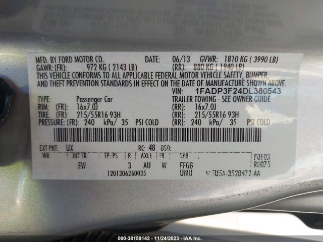 2013 FORD FOCUS SE VIN: 1FADP3F24DL380543