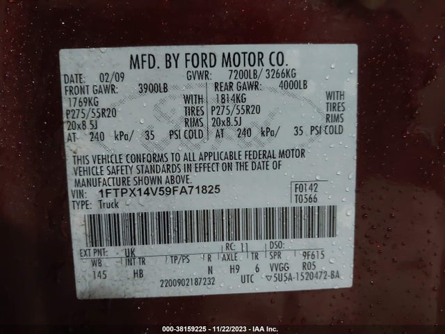 2009 FORD F-150 FX4/LARIAT/XL/XLT VIN: 1FTPX14V59FA71825
