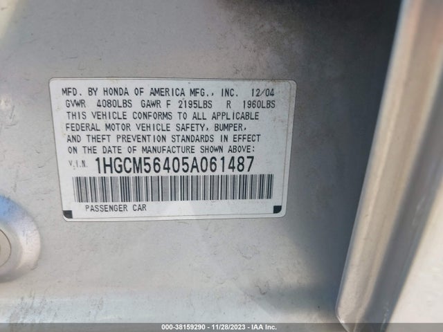 2005 HONDA ACCORD 2.4 LX VIN: 1HGCM56405A061487