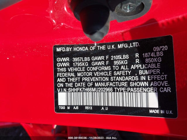 Honda CIVIC EX 2021 SHHFK7H66MU202966 Image 9