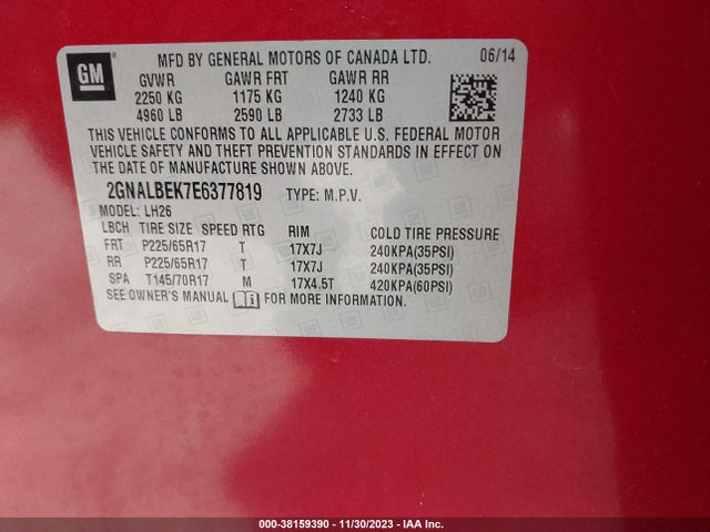 Chevrolet EQUINOX 1LT 2014 2GNALBEK7E6377819 Image 9