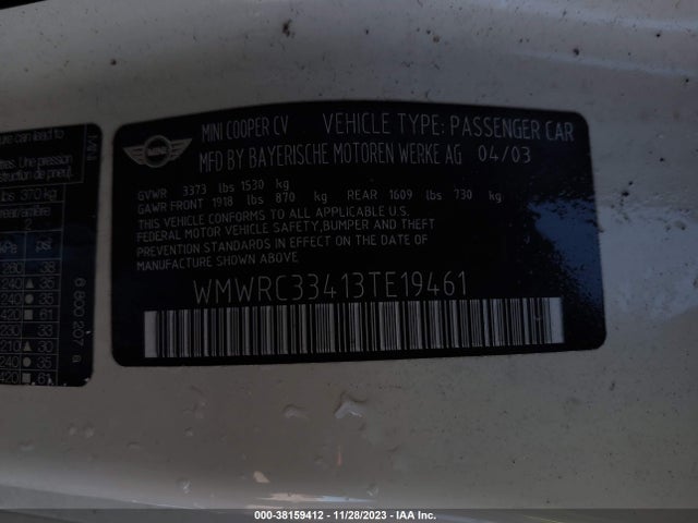 2003 MINI COOPER HARDTOP WMWRC33413TE19461 Photo 8
