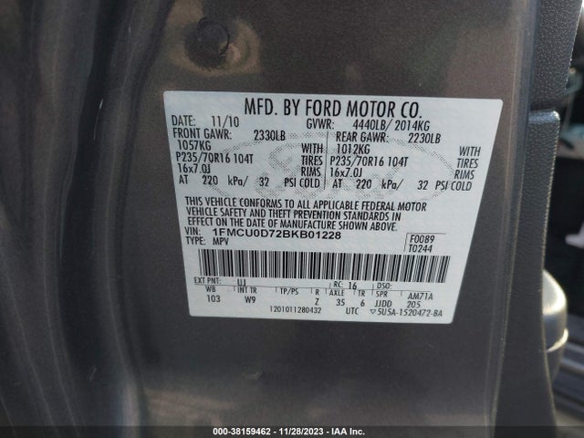 2011 FORD ESCAPE XLT VIN: 1FMCU0D72BKB01228