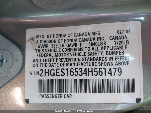 2004 HONDA CIVIC LX VIN: 2HGES16534H561479