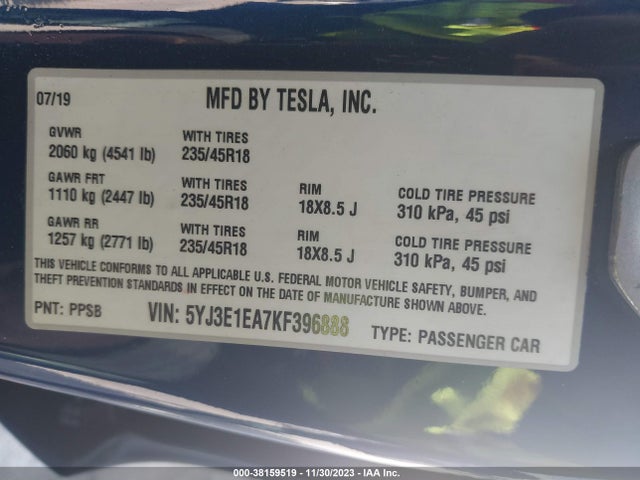 Tesla Model 3 Mid Range/standard Range/standard Range Plus/long Range 2019 5YJ3E1EA7KF396888 Image 9