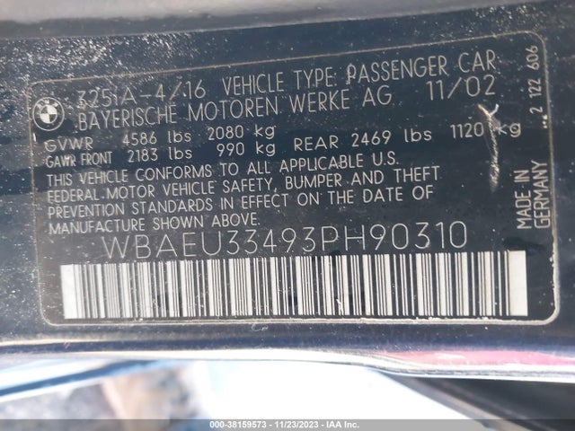 2003 BMW 325XI VIN: WBAEU33493PH90310