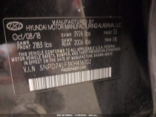 2019 HYUNDAI ELANTRA SE VIN: 5NPD74LF3KH416702