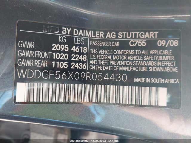 2009 MERCEDES-BENZ C 350 SPORT VIN: WDDGF56X09R054430