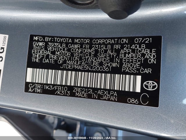 2022 TOYOTA COROLLA LE VIN: JTDEPMAE5NJ200361