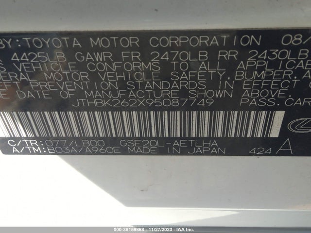 Aukcja sprzedaży 2009 Lexus Is 250, vin: JTHBK262X95087749, numer aukcji: 38159868