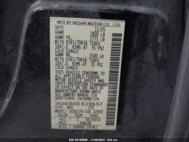 2006 NISSAN PATHFINDER SE VIN: 5N1AR18UX6C619697