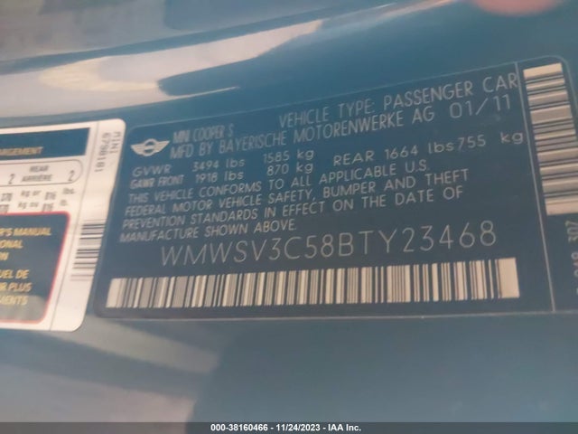 2011 MINI COOPER S WMWSV3C58BTY23468 Photo 8