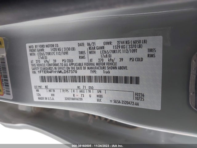 2021 FORD RANGER LARIAT VIN: 1FTER4FH1MLD57370
