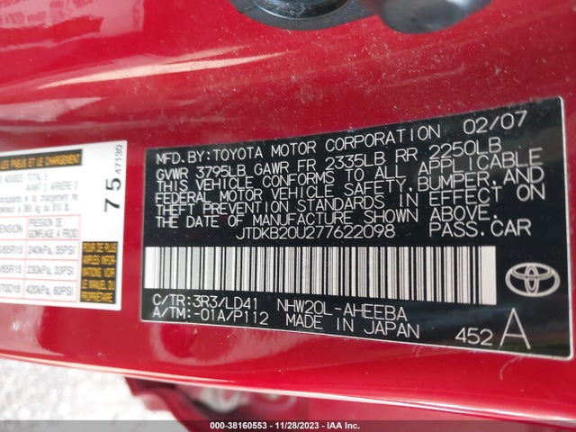 2007 TOYOTA PRIUS VIN: JTDKB20U277622098