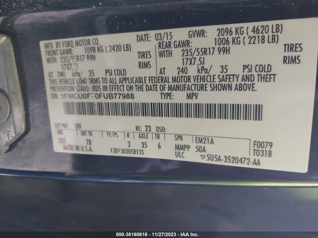 2015 FORD ESCAPE S VIN: 1FMCU0F70FUB77988