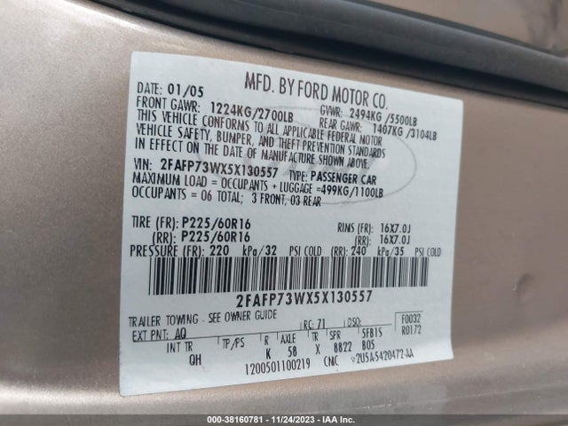 Продаж на аукціоні авто 2005 Ford Crown Victoria Standard, vin: 2FAFP73WX5X130557, номер лоту: 38160781