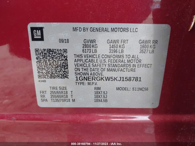 Chevrolet Traverse 1lt 2019 1GNERGKW5KJ158781 Image 9