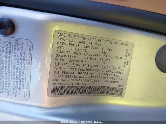 2008 PORSCHE CAYENNE WP1AA29P08LA07536 Photo 8