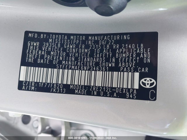 2022 TOYOTA COROLLA LE VIN: 5YFEPMAE6NP346361
