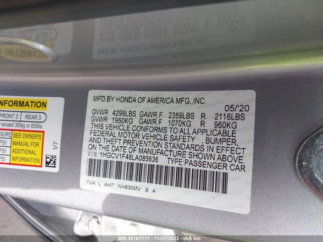 Honda ACCORD EX 2020 1HGCV1F48LA085636 Image 9