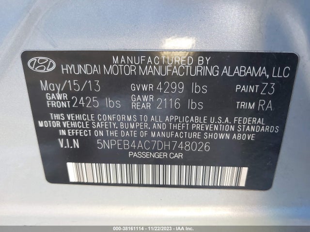 2013 HYUNDAI SONATA GLS VIN: 5NPEB4AC7DH748026