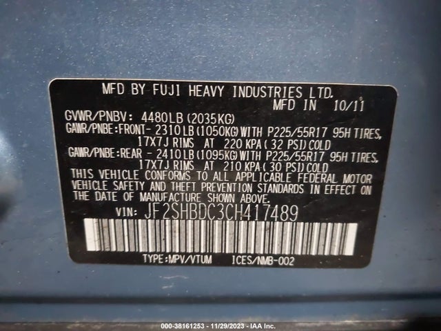 2012 SUBARU FORESTER 2.5X PREMIUM VIN: JF2SHBDC3CH417489