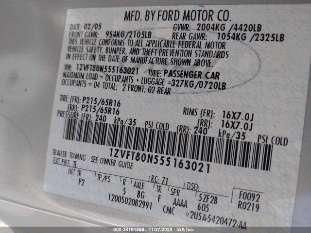 2005 FORD MUSTANG V6 DELUXE/V6 PREMIUM VIN: 1ZVFT80N555163021