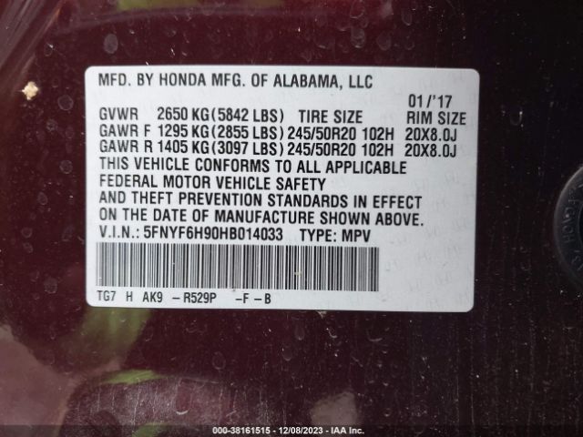 5FNYF6H90HB014033 Honda Pilot Touring