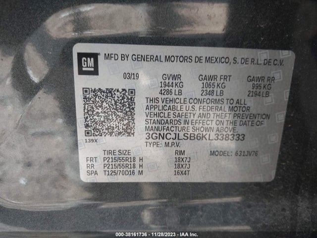 Chevrolet Trax Lt 2019 3GNCJLSB6KL338333 Image 9