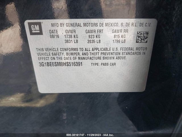 2017 CHEVROLET CRUZE LT AUTO VIN: 3G1BE6SM8HS516391