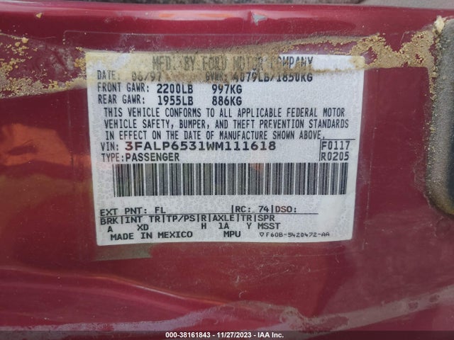 1998 FORD CONTOUR VIN: 3FALP6531WM111618