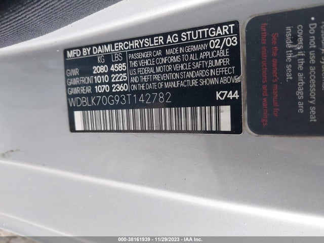 2003 MERCEDES-BENZ CLK-CLASS 4.3L VIN: WDBLK70G93T142782