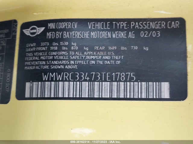 2003 MINI COOPER HARDTOP WMWRC33473TE17875 Photo 8