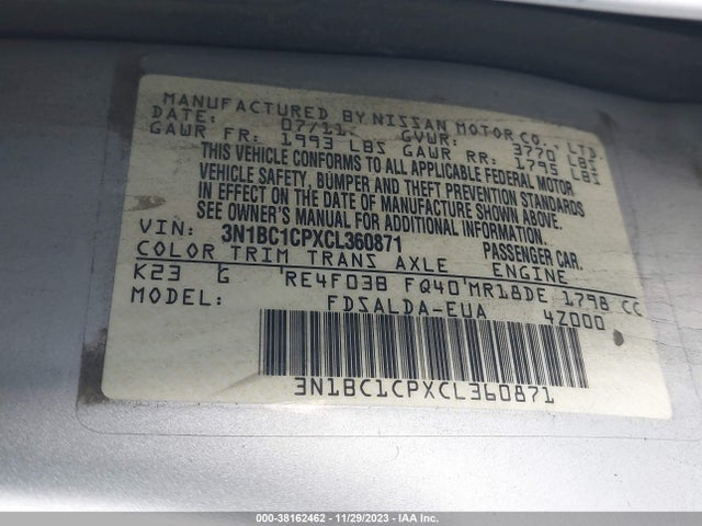 2012 NISSAN VERSA 1.8 S VIN: 3N1BC1CPXCL360871