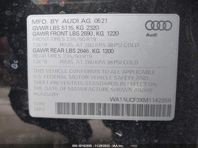 WA1AUCF3XM1142958 Audi Q3 Premium 40 Tfsi Quattro Tiptronic