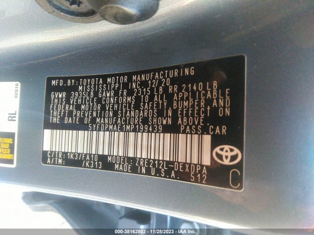 5YFDPMAE1MP199439 Toyota COROLLA L