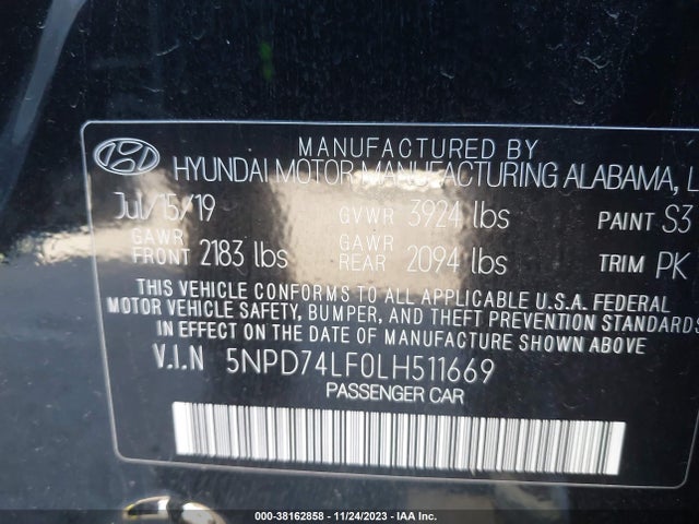 2020 HYUNDAI ELANTRA SE VIN: 5NPD74LF0LH511669