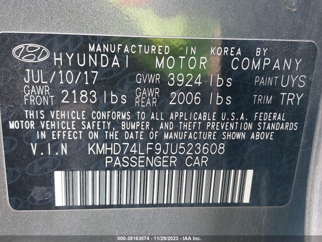 2018 HYUNDAI ELANTRA SE VIN: KMHD74LF9JU523608