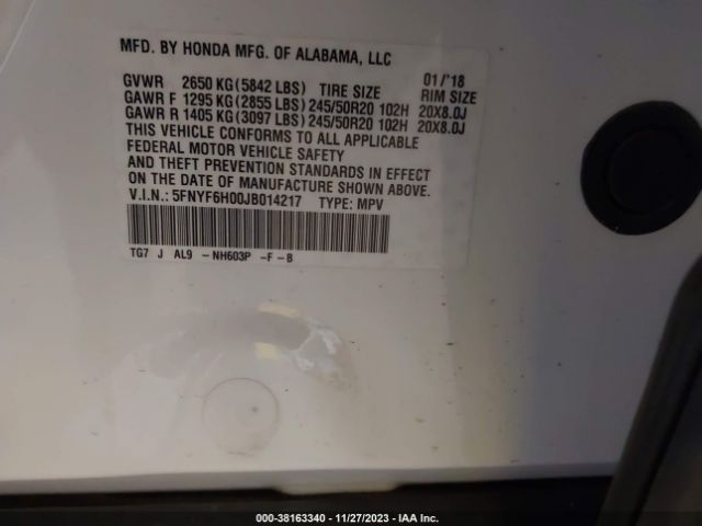 5FNYF6H00JB014217 Honda Pilot Elite